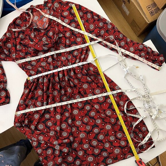 Modern Floral Geometric Pattern Tie Neck Lantern Sleeve Mini Dress Sz S No label - Picture 11 of 11